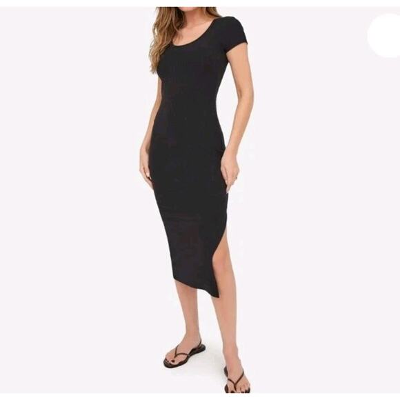 NEW Mate The Label Tencel Rib Short Sleeve Midi Dress XL Black Side Slit Stretch - Picture 1 of 12